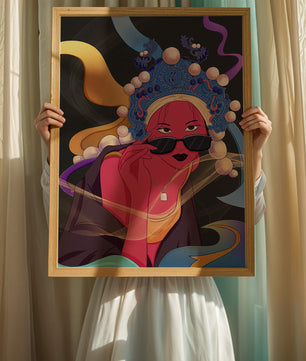 Elegant portrait of a modern woman with traditional headpiece and sunglasses