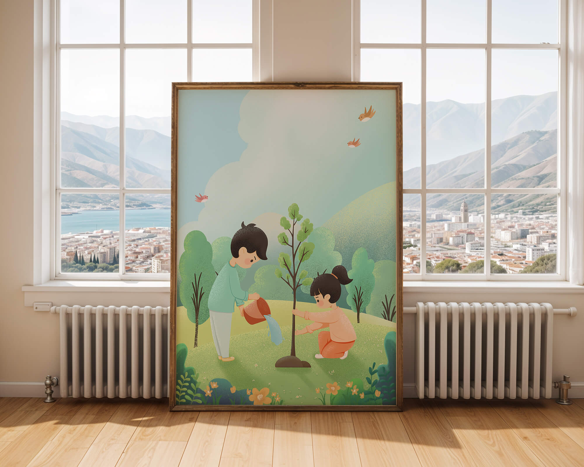 Children nurturing a young tree in a lush green landscape