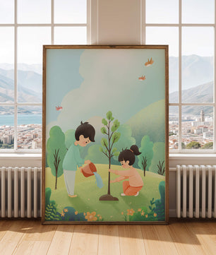 Kinder pflegen einen jungen Baum in einer üppig grünen Landschaft