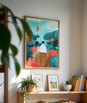 Serene scene with a person and cat among large leaves and flowers
