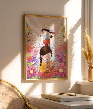 Escena ilustrada de un ángel de la salud con un niño y flores