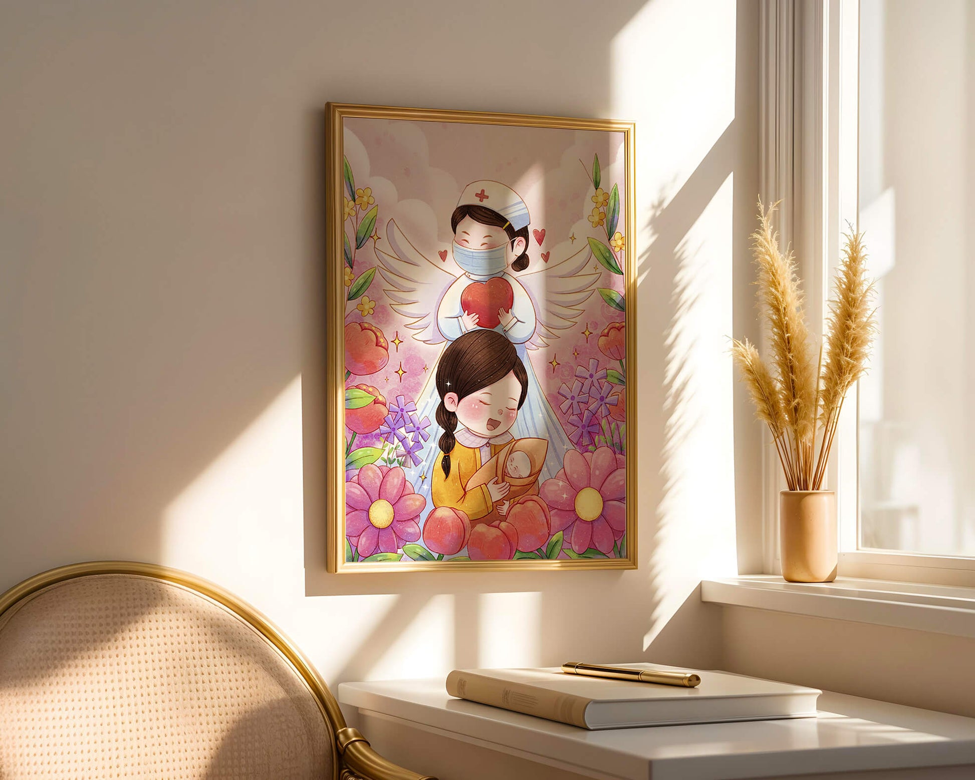 Illustrated scene of healthcare angel with child and flowers