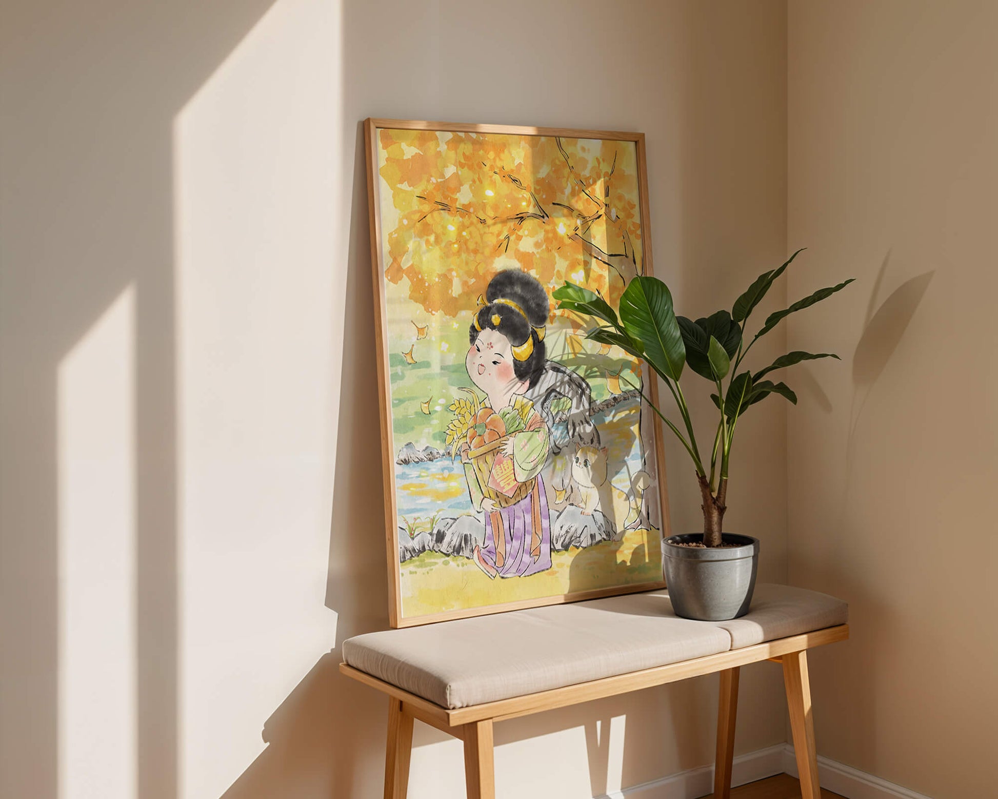 Charming watercolor scene of girl with basket in autumn setting