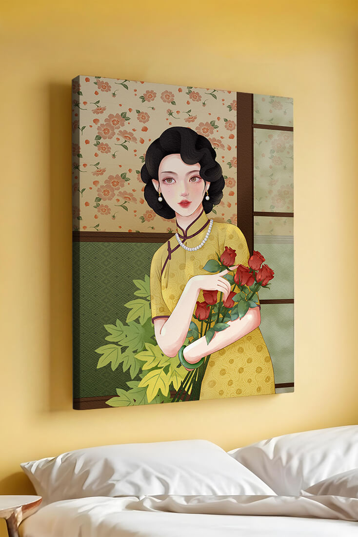Elegant woman with floral backdrop holding a bouquet
