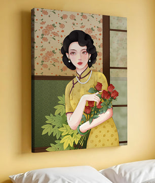 Mujer elegante con fondo floral sosteniendo un ramo