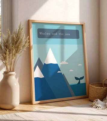 Whale and mountain illustration with sea and sky background