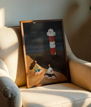Peaceful Beach Scene with Lighthouse at Night