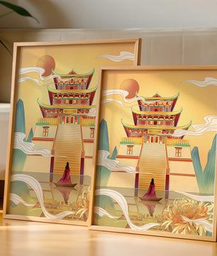 Ancient temple with serene landscape and vibrant colors artwork