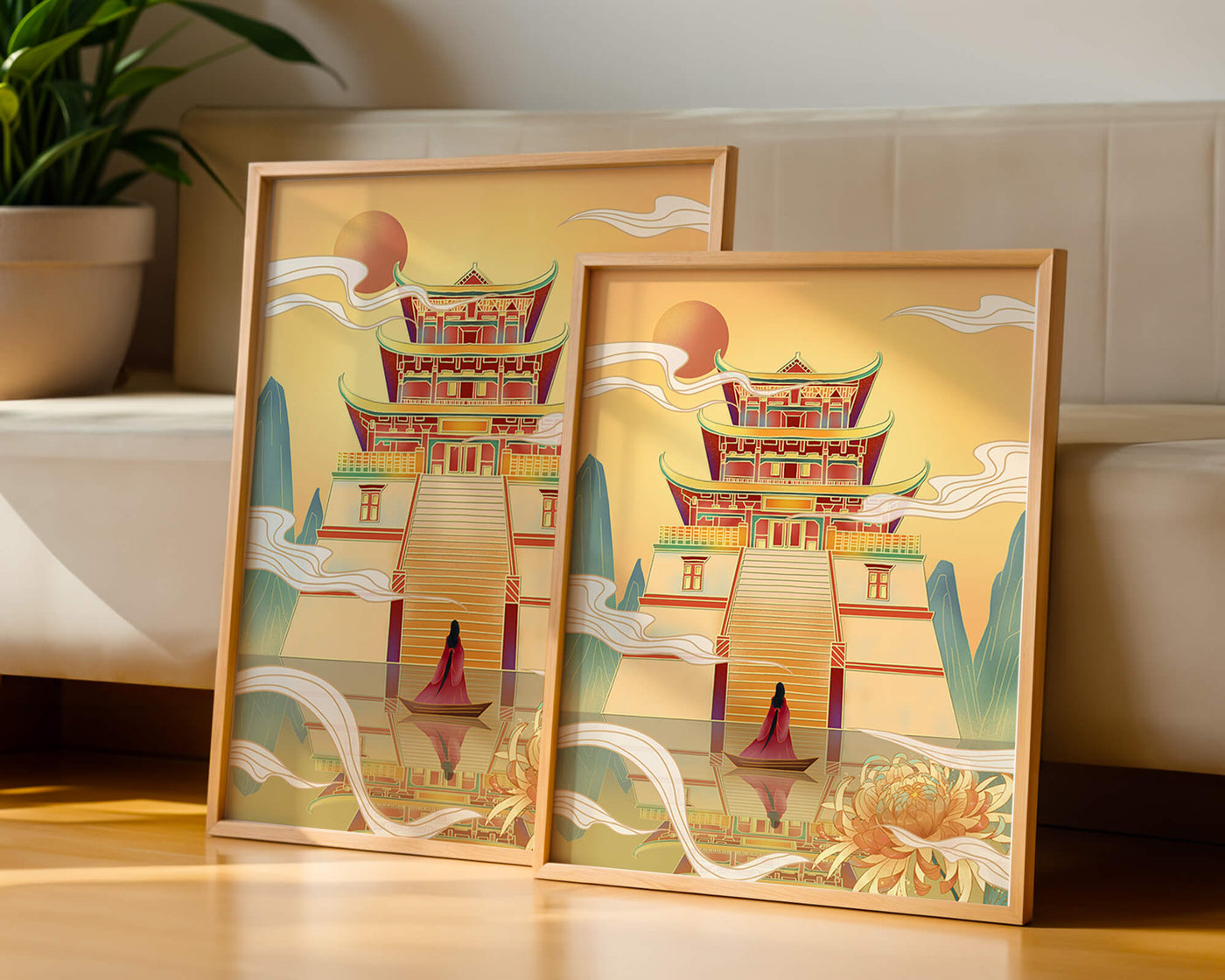 Ancient temple with serene landscape and vibrant colors artwork