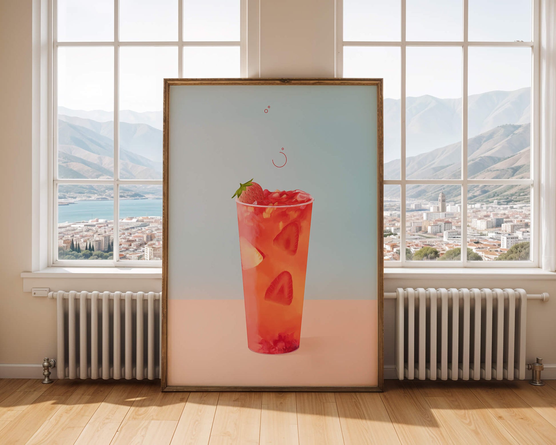 Refreshing strawberry drink with floating slices on pastel background