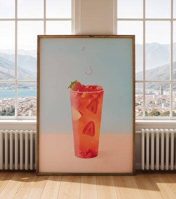 Refreshing strawberry drink with floating slices on pastel background