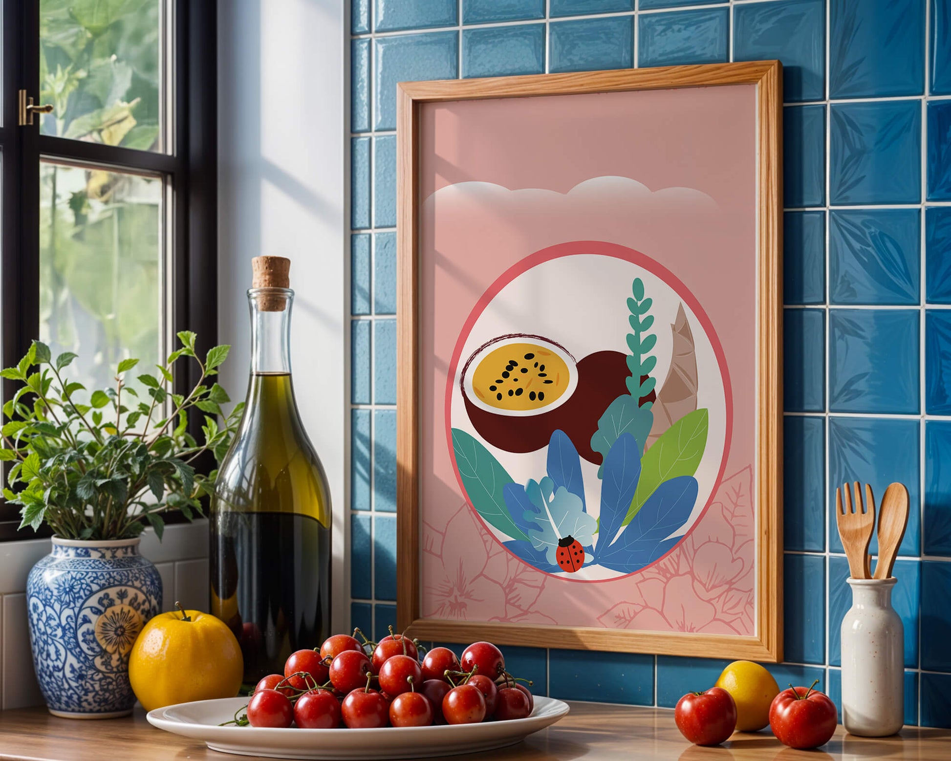 Ilustración de frutas tropicales y hojas con una mariquita sobre un fondo rosa