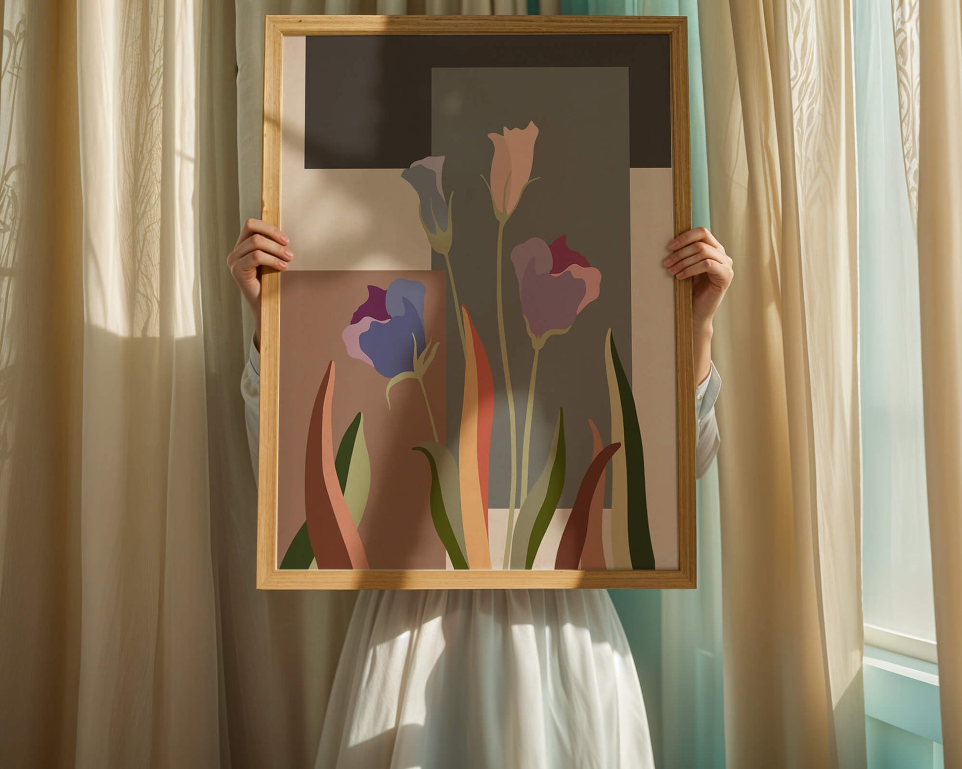 Arte floral abstracto con fondo geométrico colorido