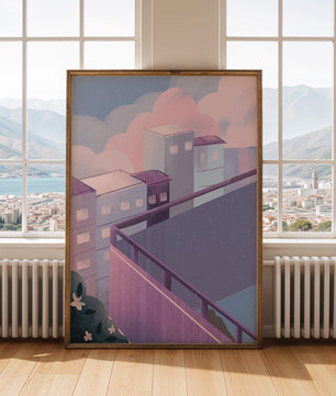Urban Pastel Scene with Buildings and Pink Clouds