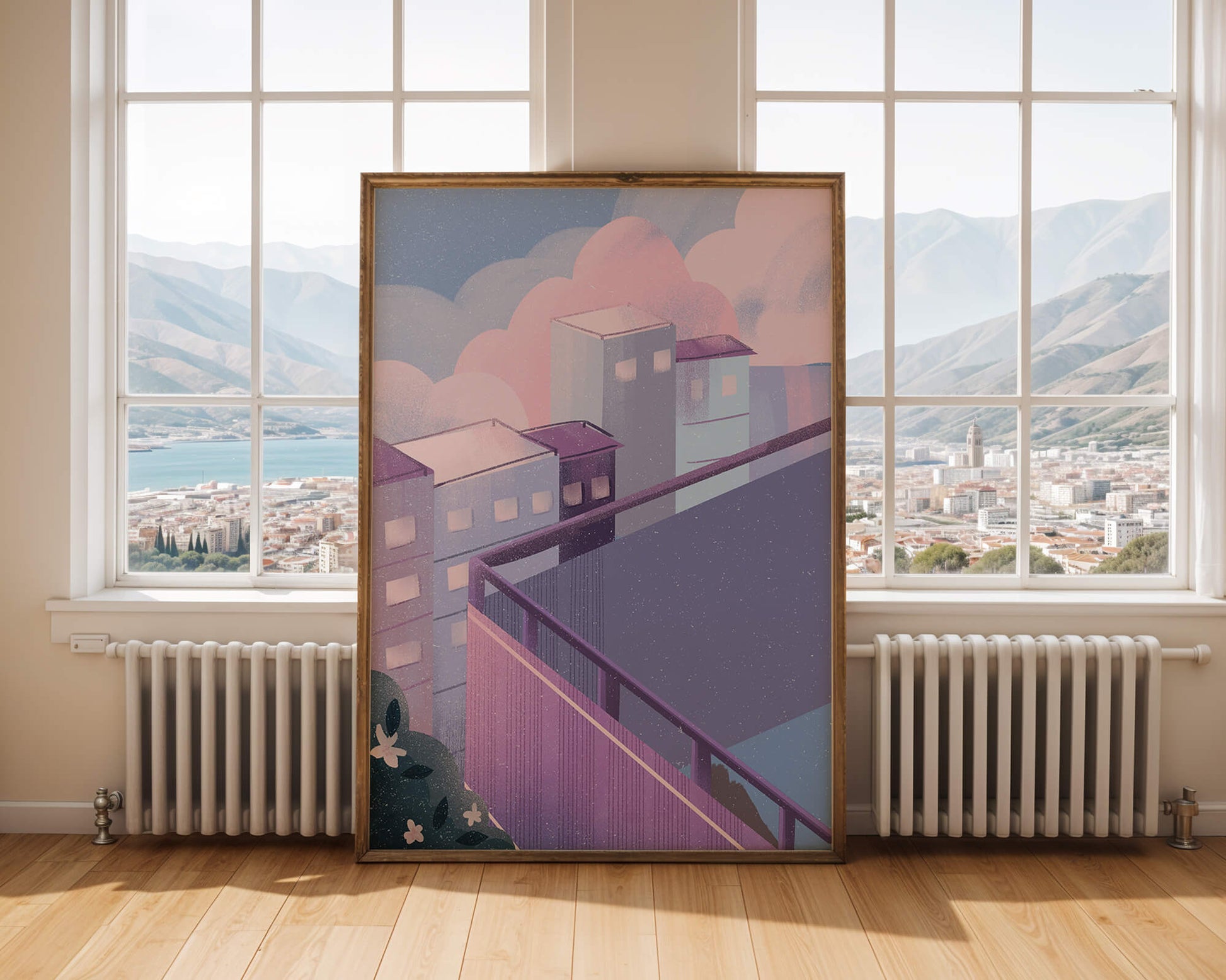 Urban Pastel Scene with Buildings and Pink Clouds