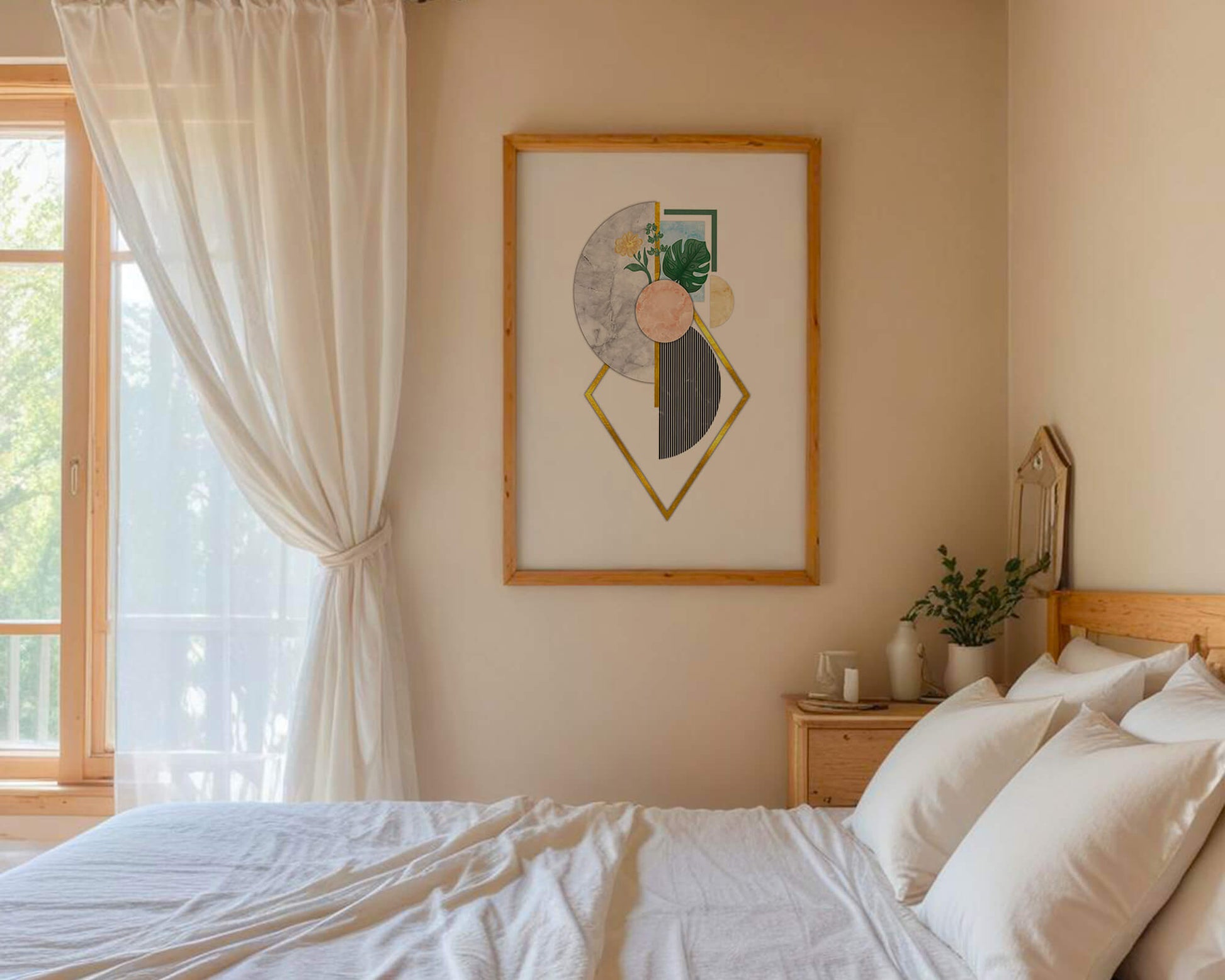 Abstract geometric art with floral and gold accents