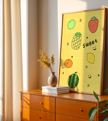 Playful fruit pattern on yellow grid background