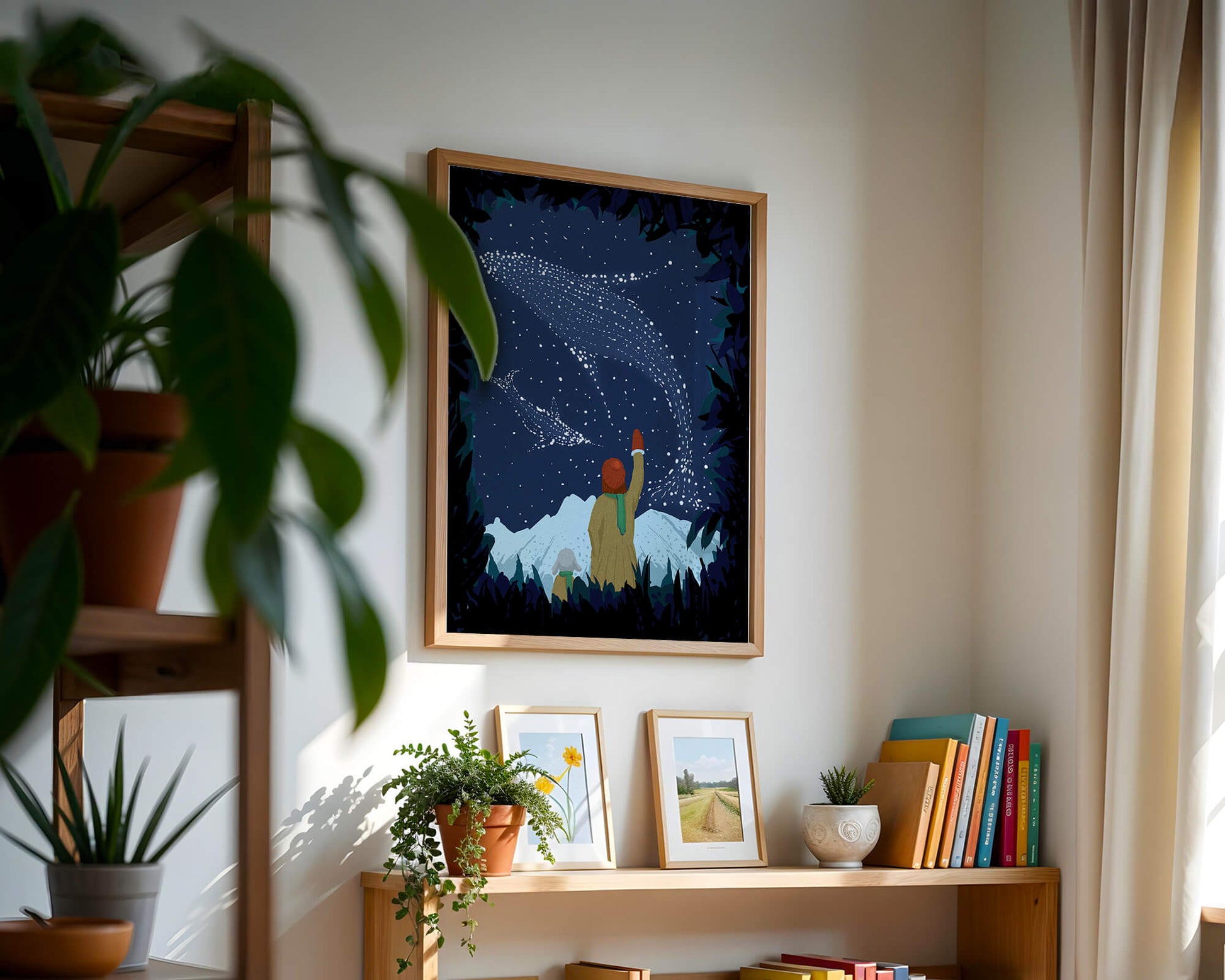 Starry night with whale constellations and mountain scenery
