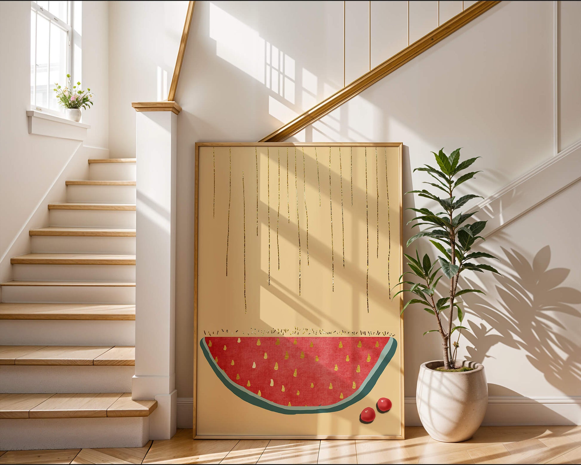 Abstract Watermelon Slice with Gold Accents on Minimalist Background