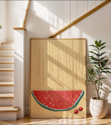 Abstract Watermelon Slice with Gold Accents on Minimalist Background
