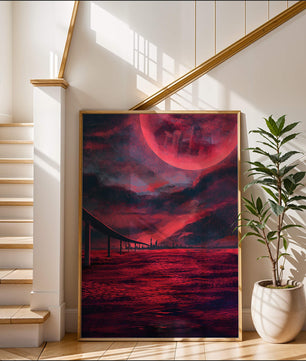 Surreal Scarlet Landscape with Bridge and Celestial Body