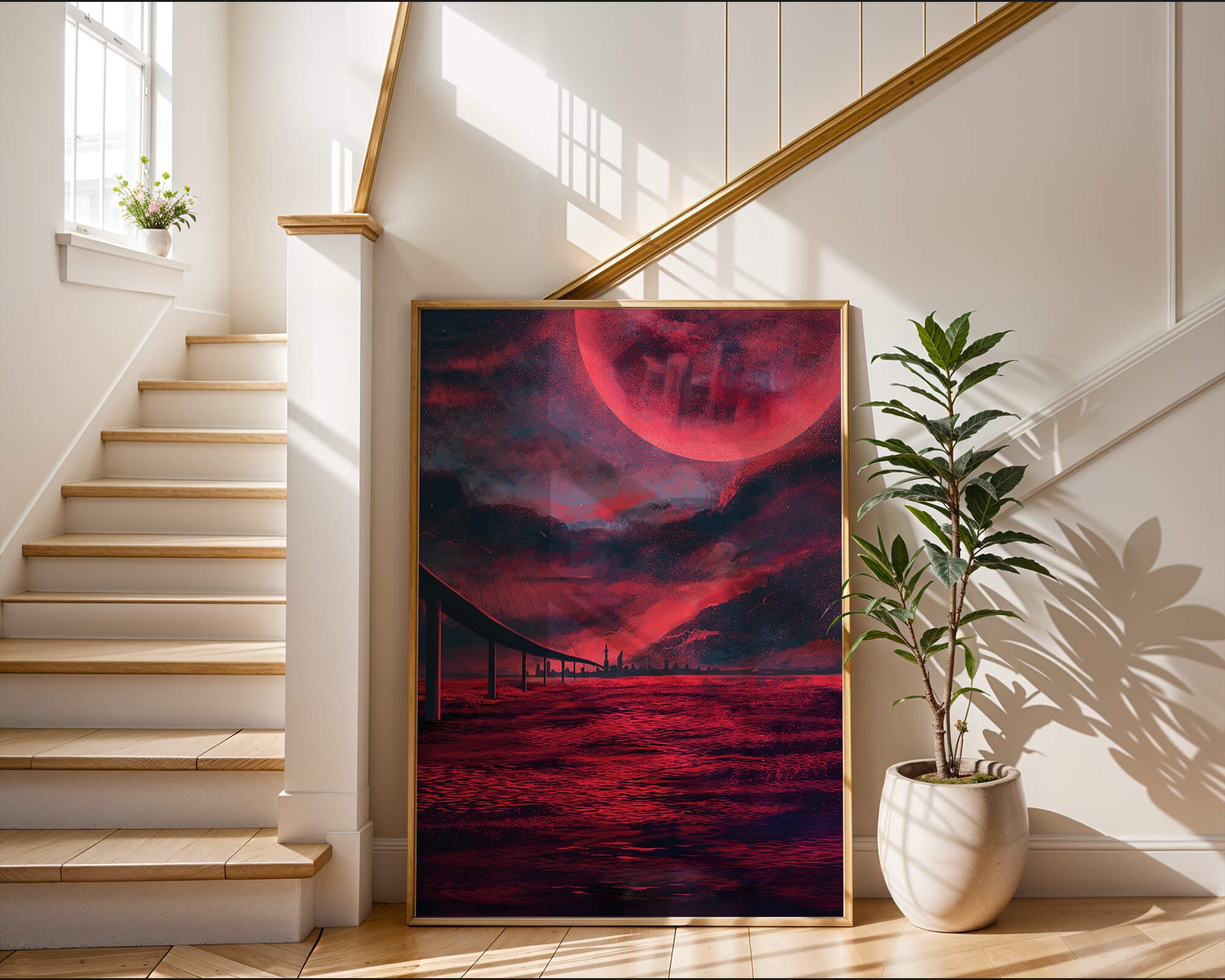Surreal Scarlet Landscape with Bridge and Celestial Body