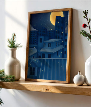 Night Urban Skyline Under a Starry Sky with Bright Full Moon