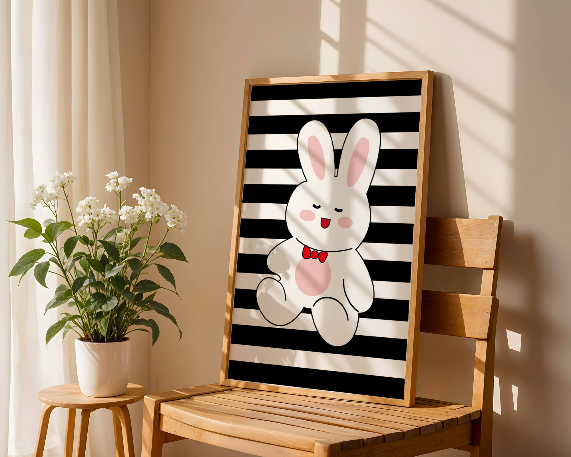 Adorable cartoon bunny with bold stripes and a red bow tie