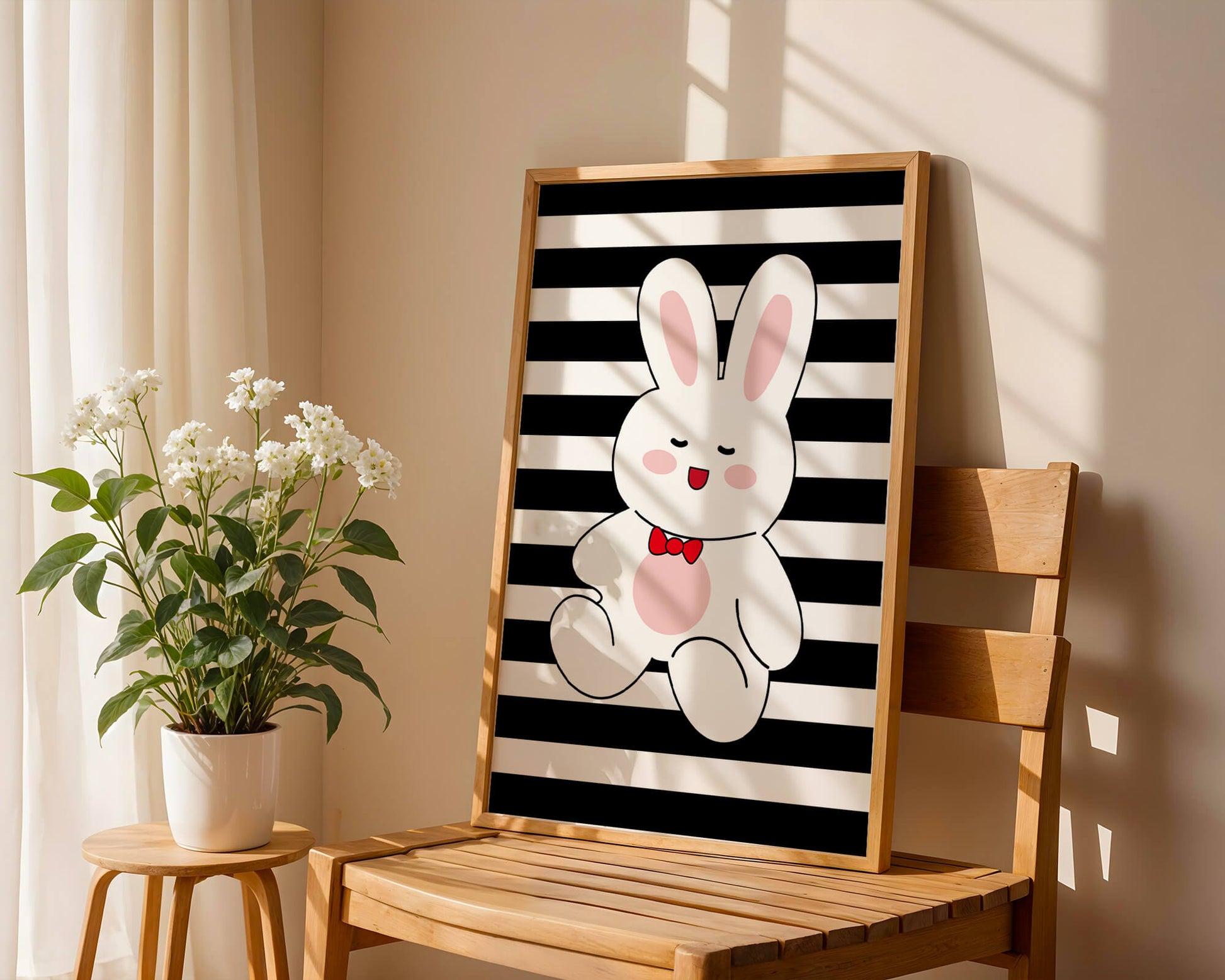 Adorable cartoon bunny with bold stripes and a red bow tie