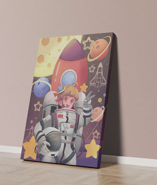 Ilustración de una chica astronauta con temática espacial