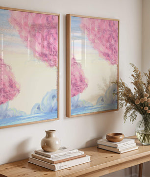 Serene Landscape with Cherry Blossom Trees and Tranquil Sky