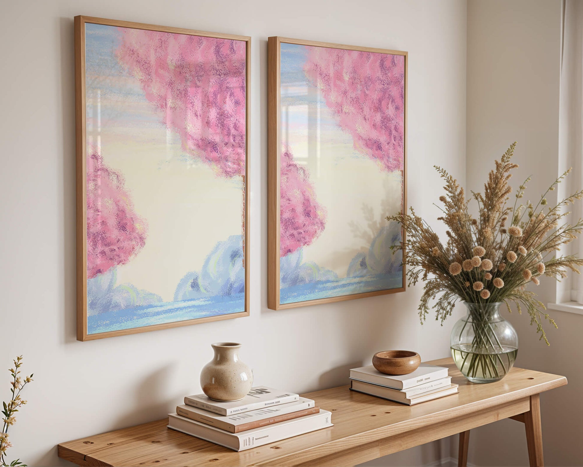 Serene Landscape with Cherry Blossom Trees and Tranquil Sky