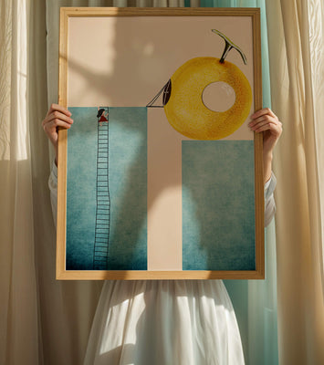 Woman Climbing Ladder towards Giant Yellow Fruit
