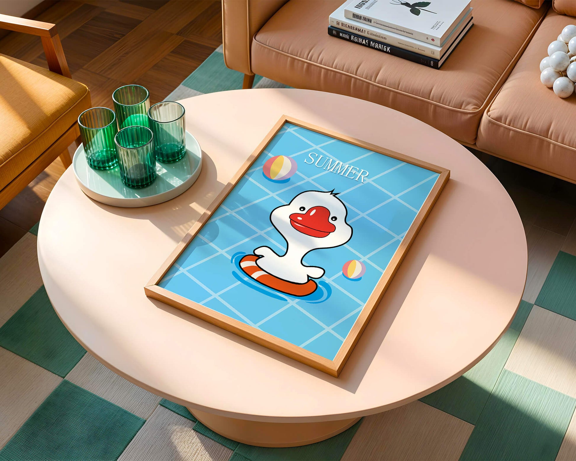 Cartoon duck swimming in a pool with summer beach elements