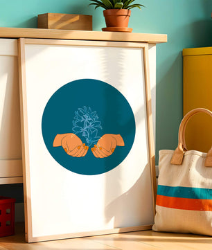 Illustration of Hands Holding a Plant with Teal Background