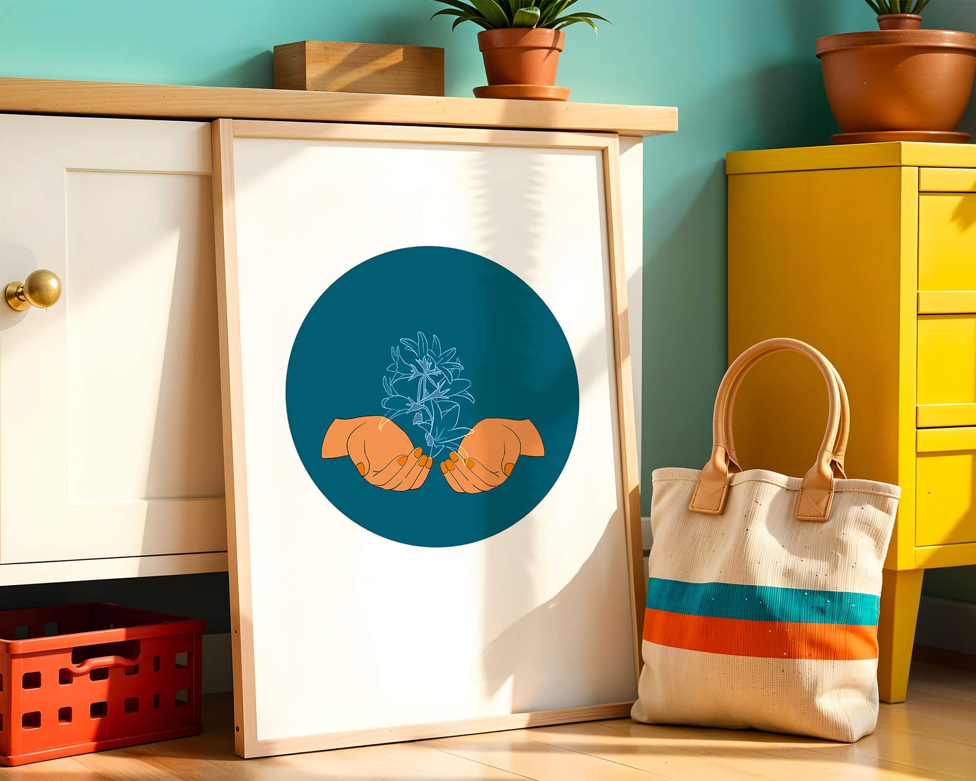 Illustration of Hands Holding a Plant with Teal Background