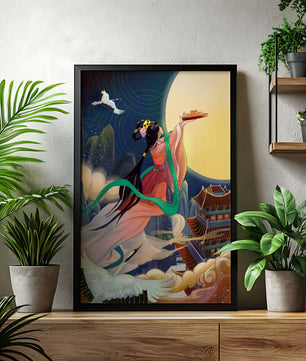 Oriental Fantasy Scene with Woman Offering Gift to the Moon