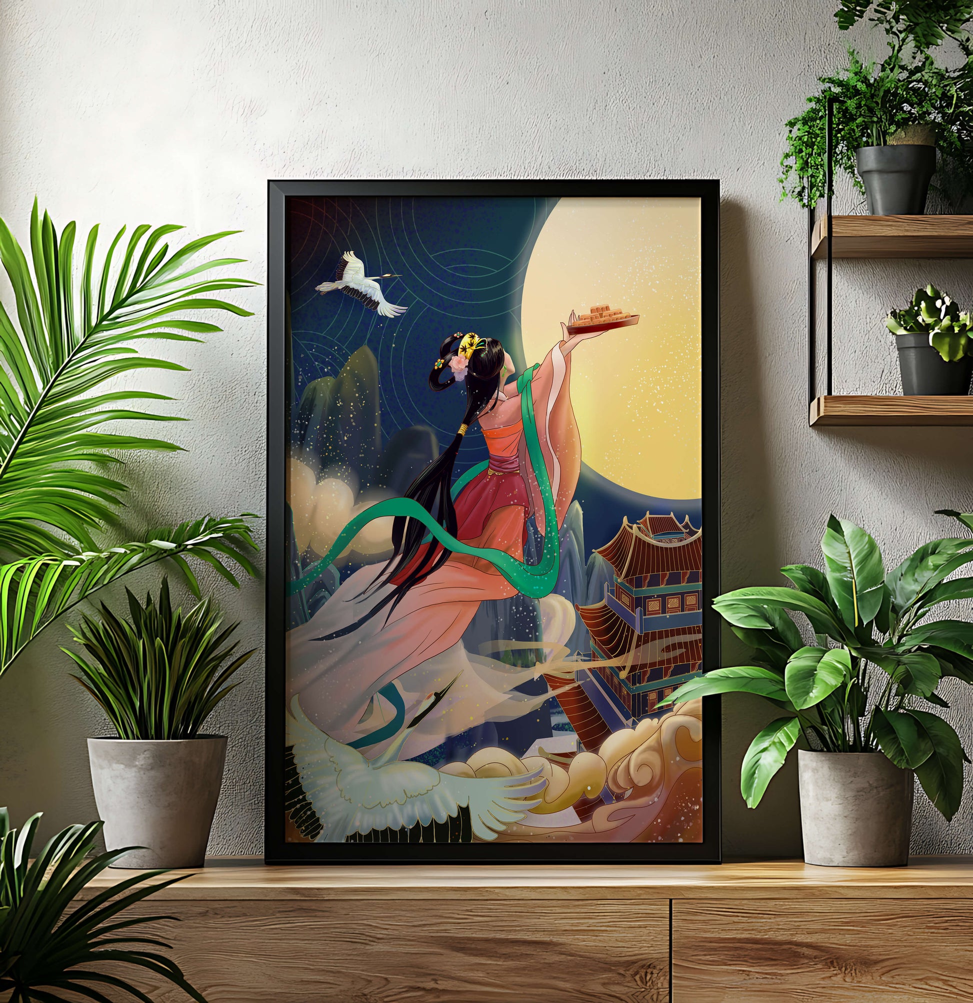 Oriental Fantasy Scene with Woman Offering Gift to the Moon