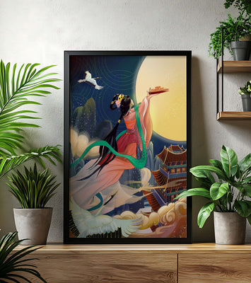 Oriental Fantasy Scene with Woman Offering Gift to the Moon