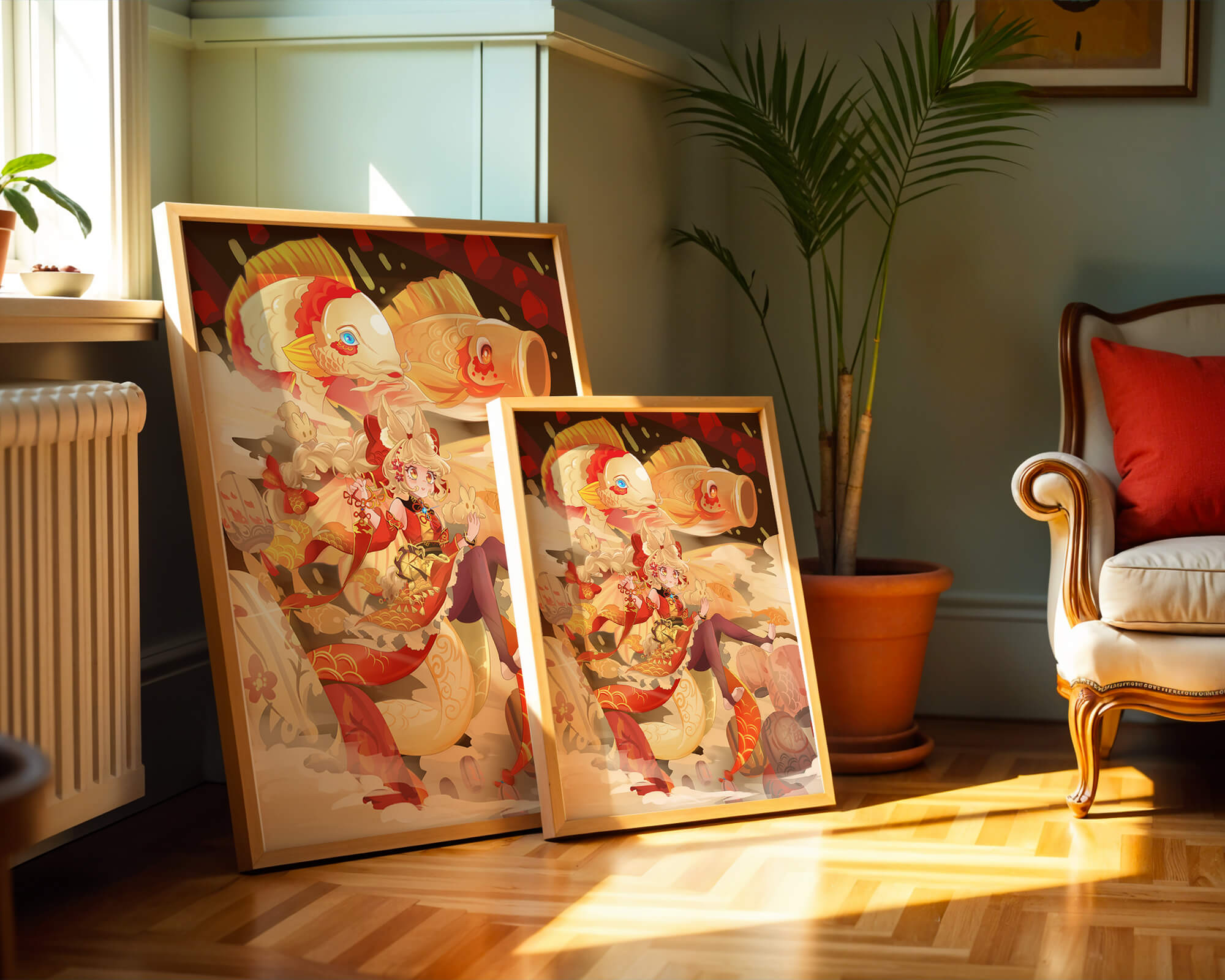 Vibrant anime character with mythical koi fishes and lanterns in dynamic scene