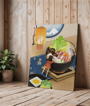 Illustration eines gemütlichen Winteressens mit Hot Pot und Zutaten