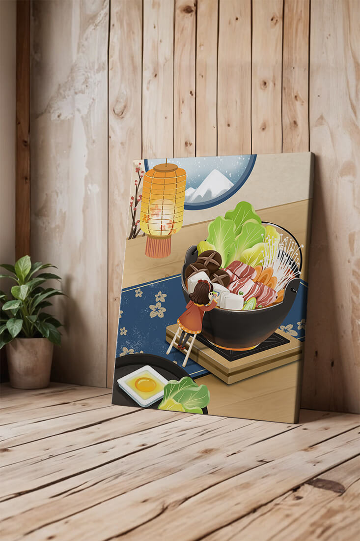 Illustration eines gemütlichen Winteressens mit Hot Pot und Zutaten
