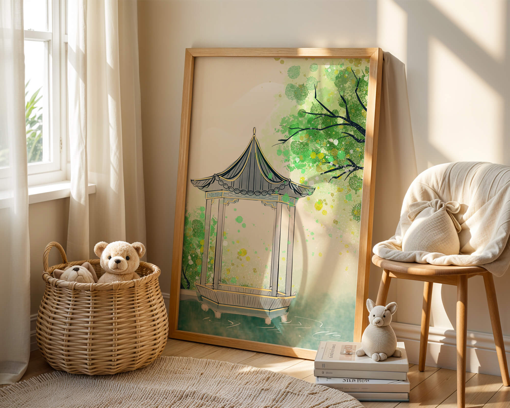 Serene garden gazebo by a tranquil pond with lush greenery