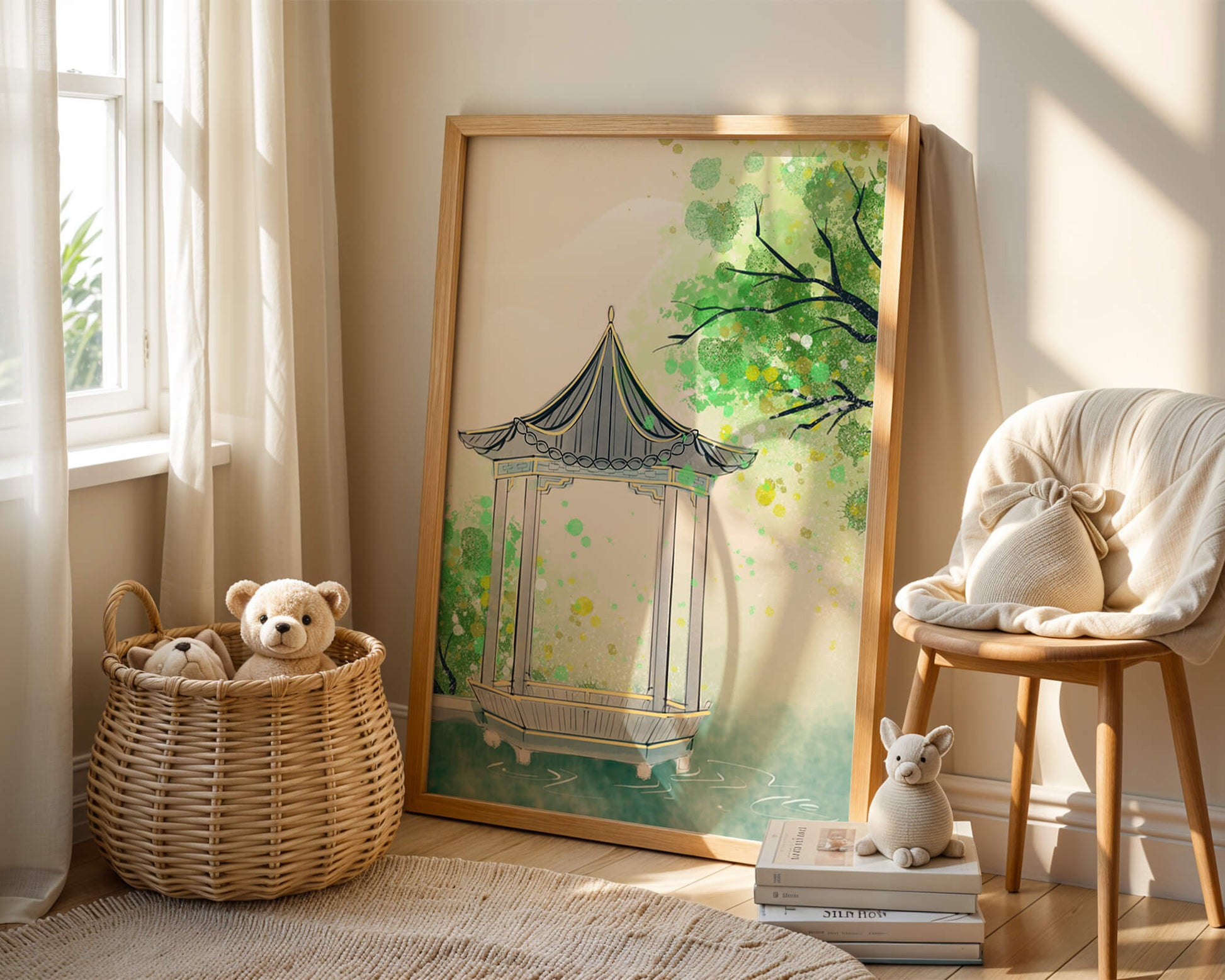 Serene garden gazebo by a tranquil pond with lush greenery