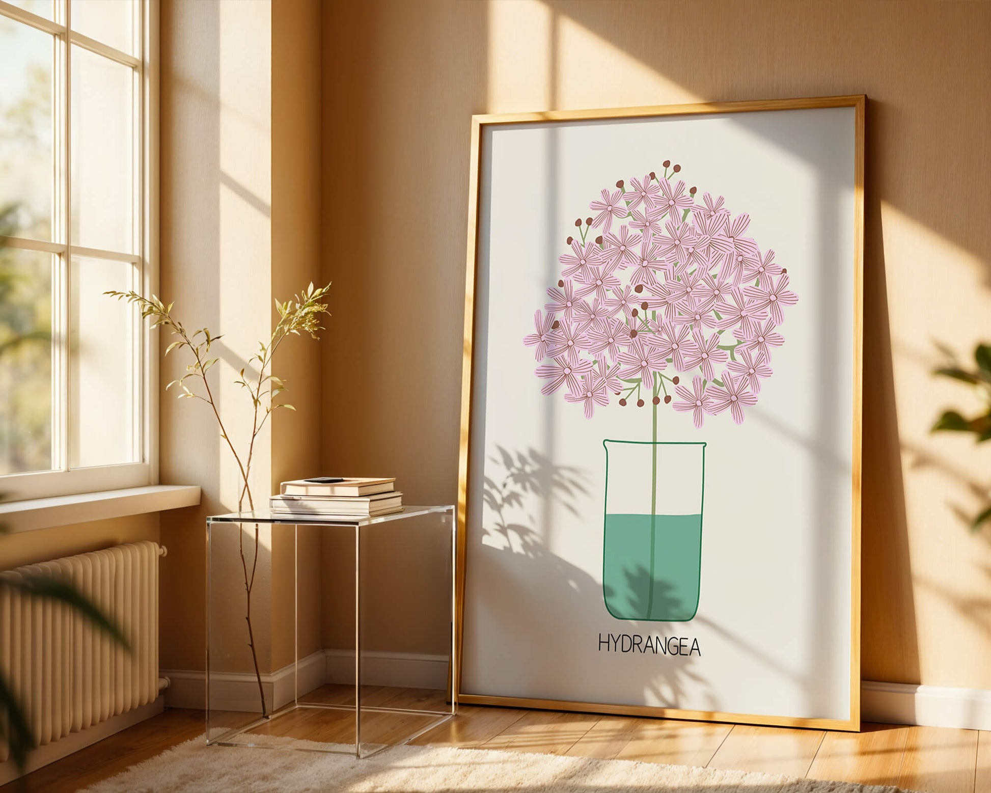 Illustration von Hortensienblüten in einer Vase mit eleganter Linienkunst