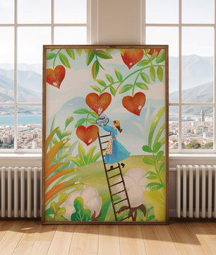Mujer recolectando frutas en forma de corazón en el vibrante campo