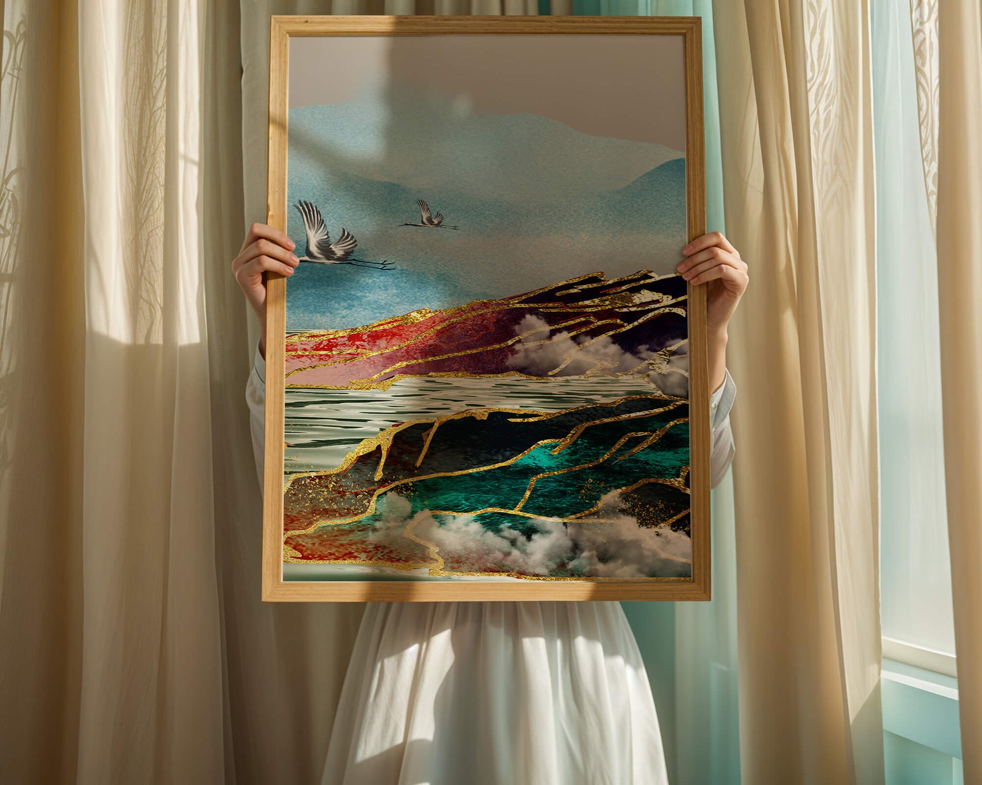 Majestic Landscape With Flying Cranes And Golden Accents