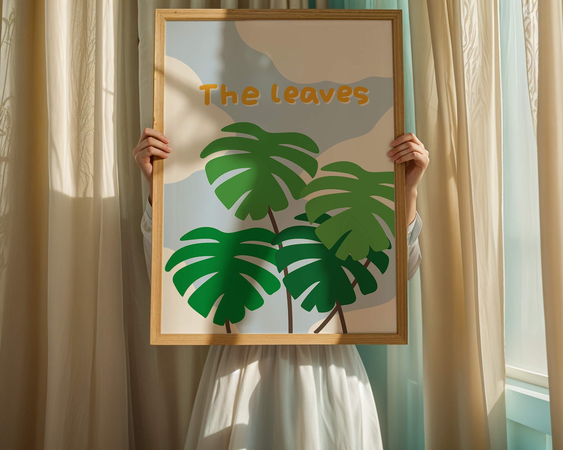 Illustrative tropical leaves with blue sky background for home decor