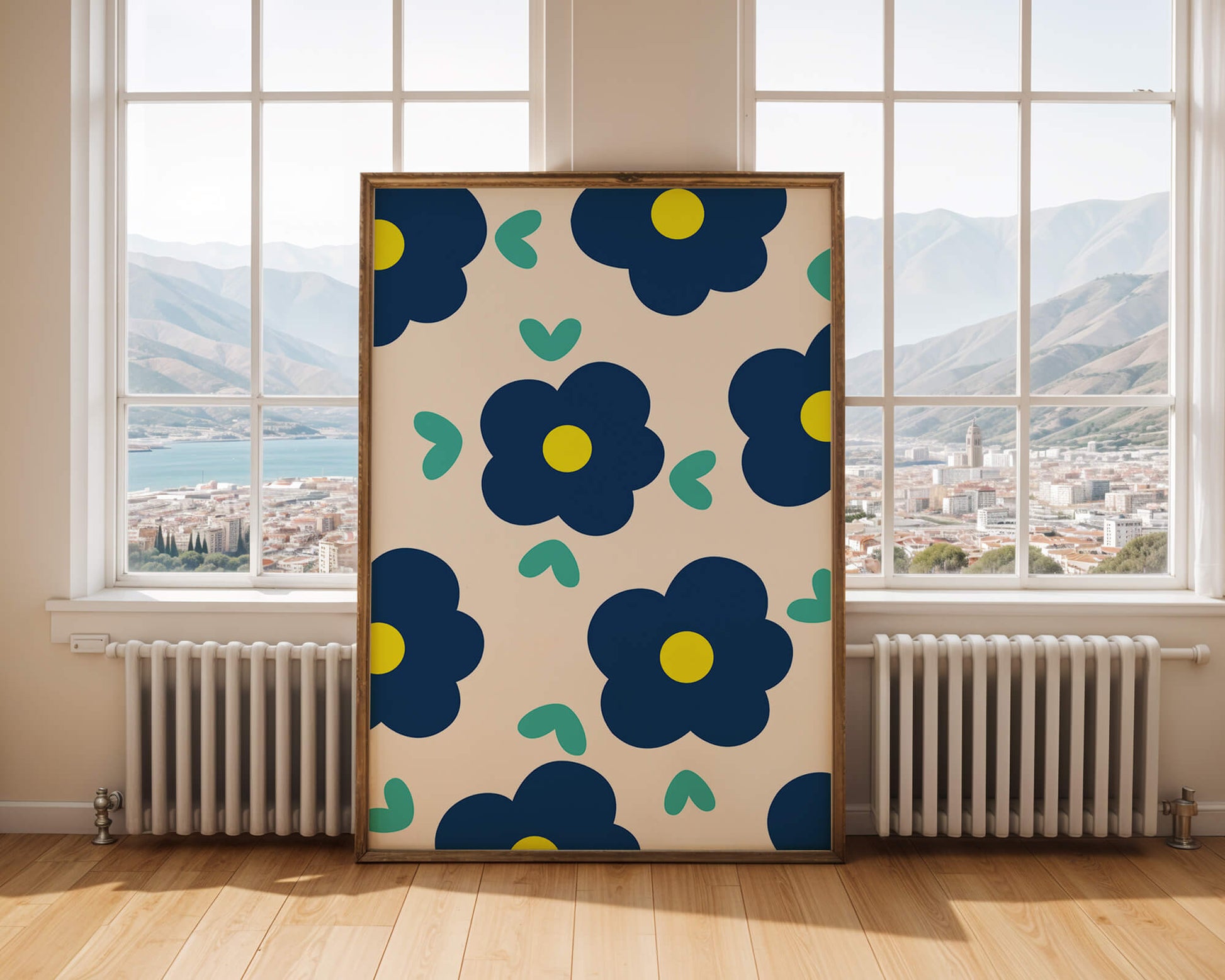 Blue floral pattern with yellow centers on cream background