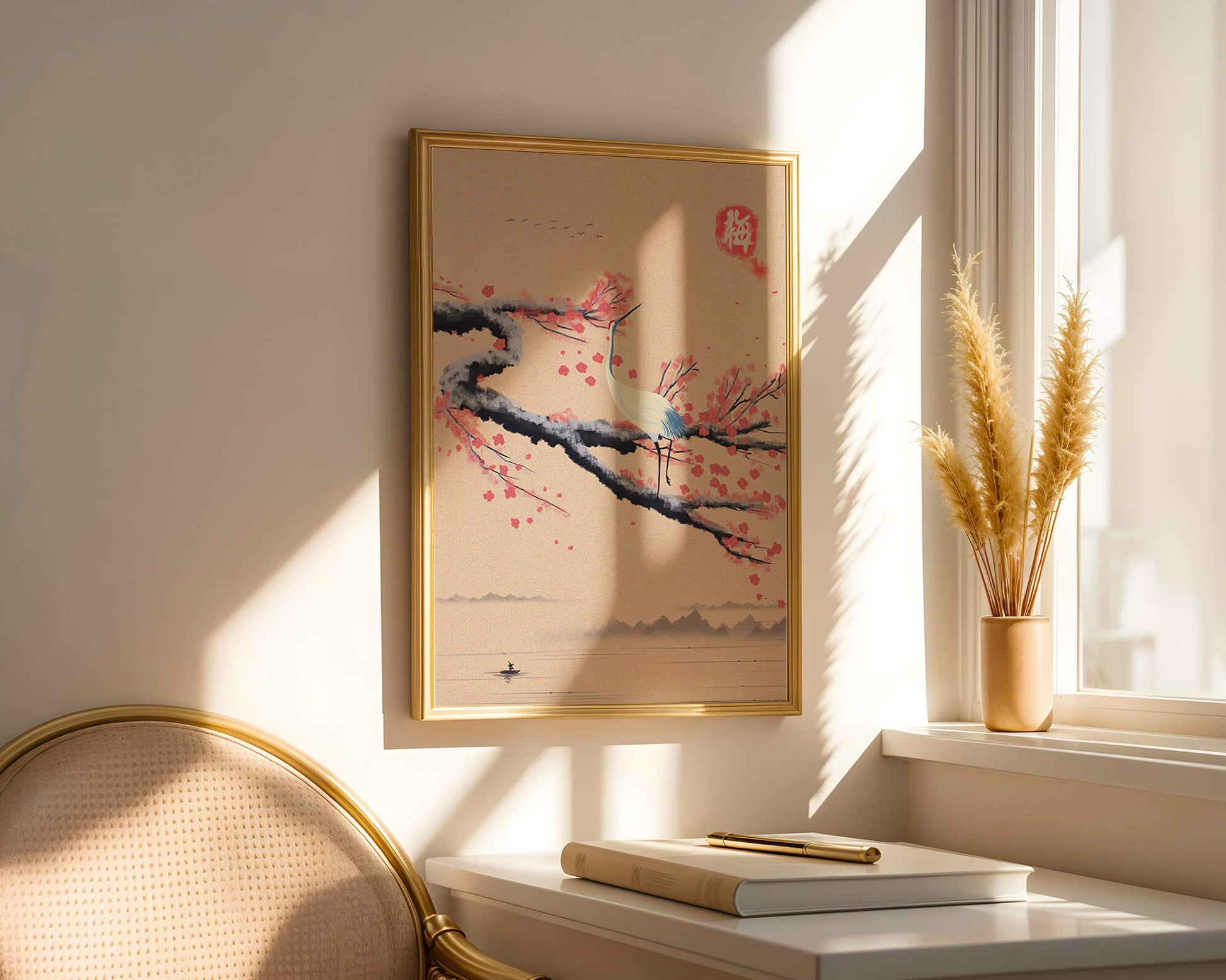 Elegant crane on cherry blossom branch with serene landscape